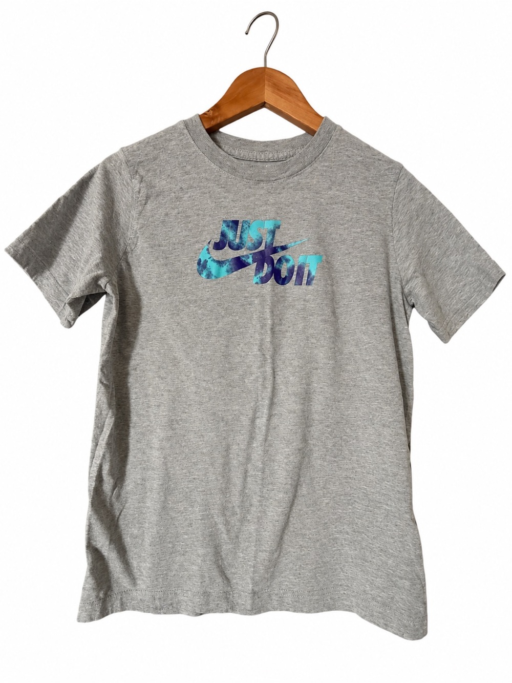Nike Gray Short-Sleeve Tee with Blue-Teal 'Just Do It' Logo
